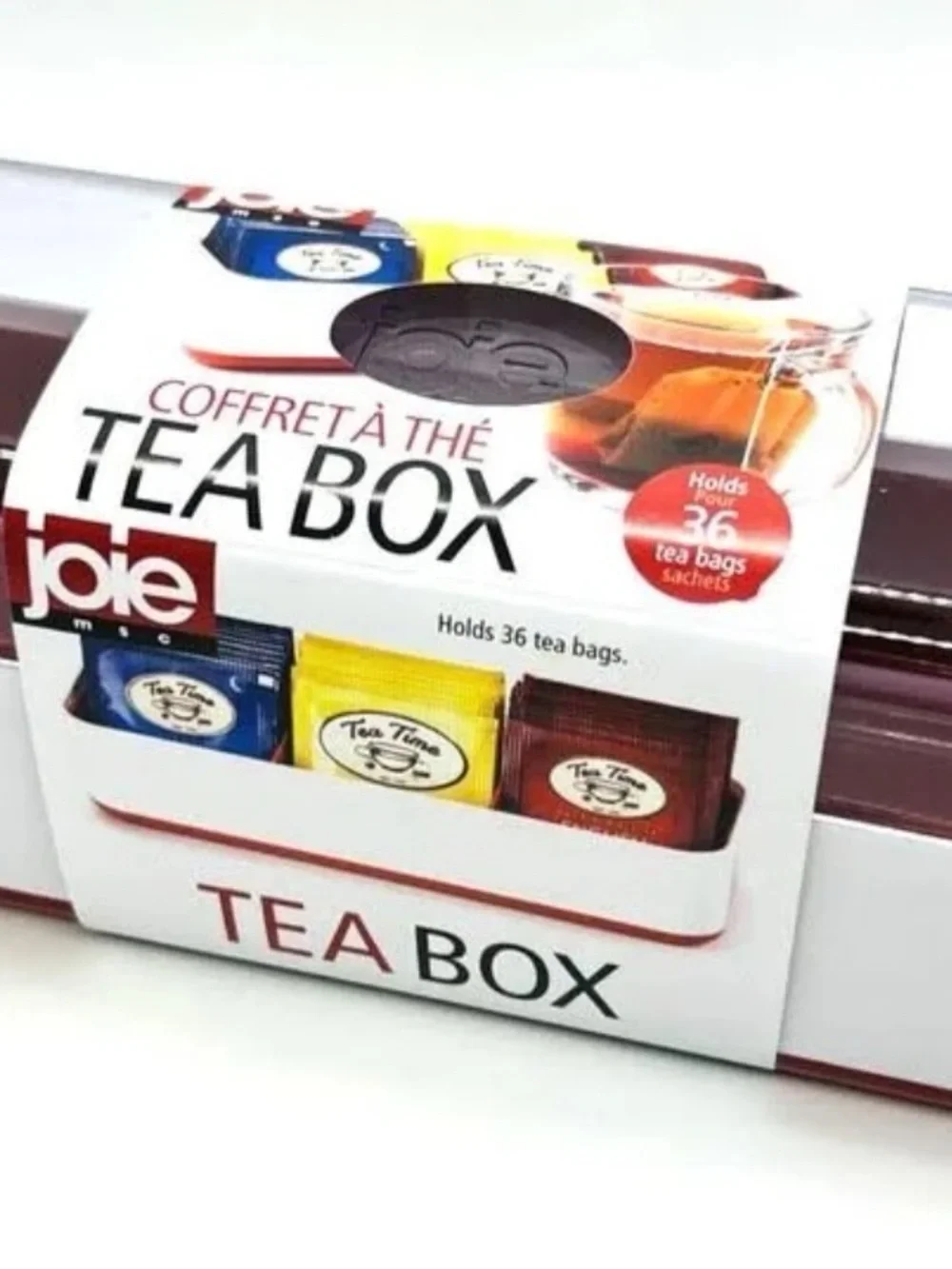 Joie Tea Box Organizer in White with Red Accents hold 36 tea bags